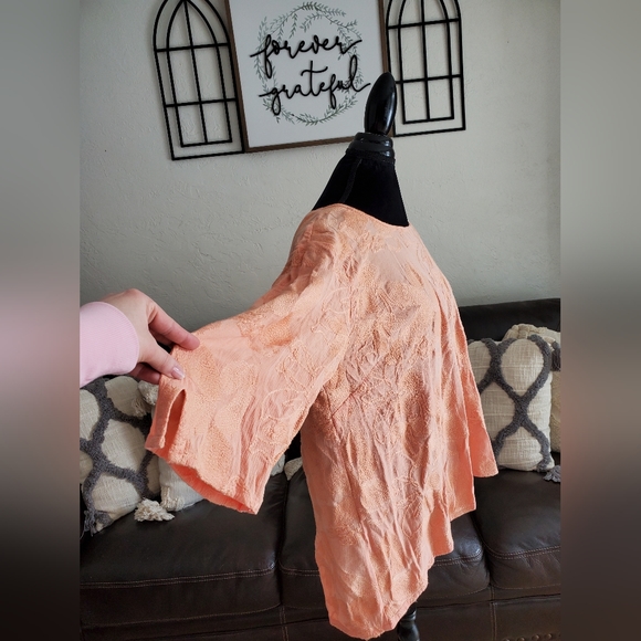 Soft Surroundings Pastel Peach Embroidered Boho Chic Asymmetrical Blouse Size 2X - Picture 4 of 12